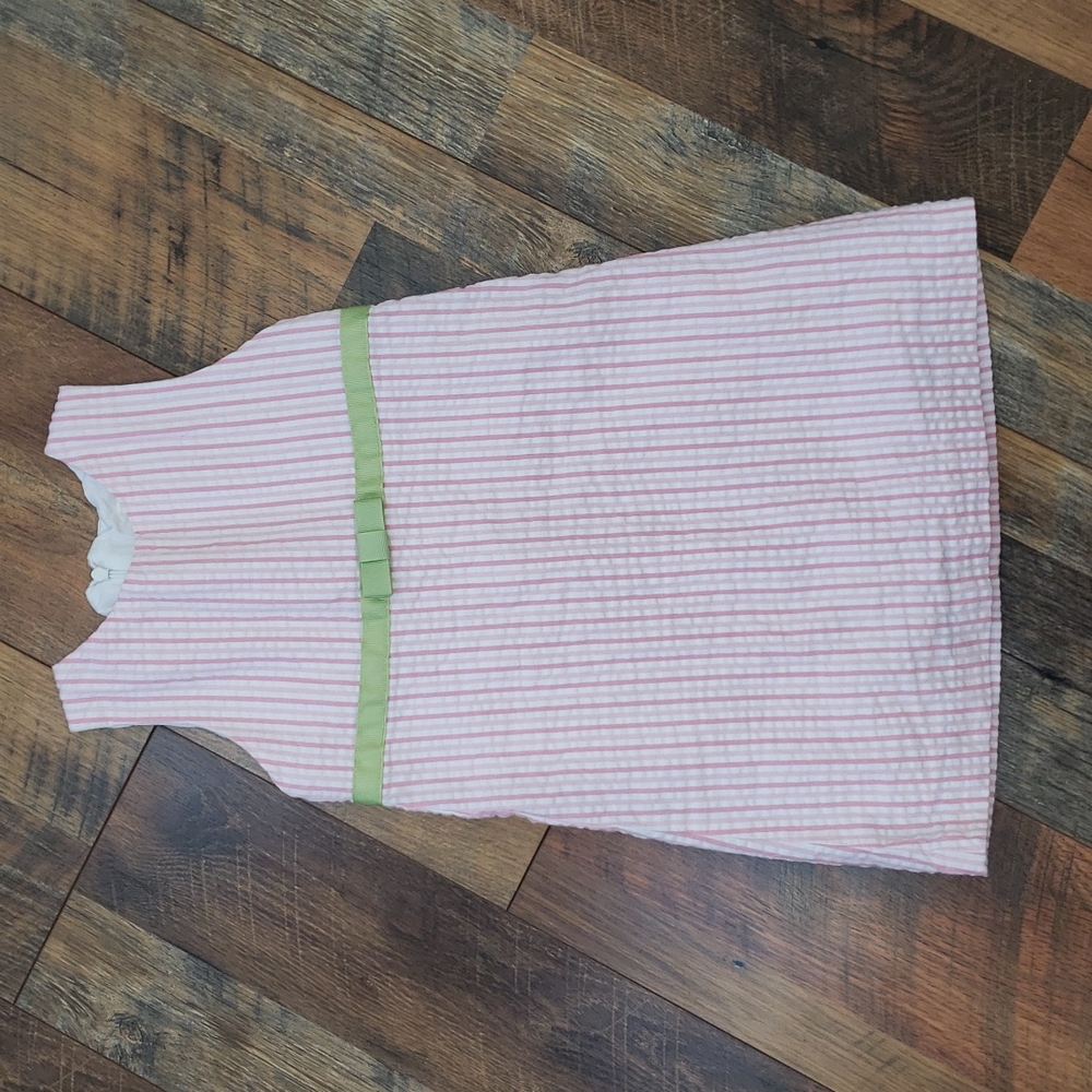 Hartstrings Pink and White Striped Sleeveless Dress with Green Ribbon, Size 4